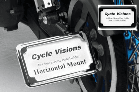 Cycle Visions In Close License Plate Holder for '86-07 FXST/FLST -Black Powder-Coat, Horizontal with Plate Light