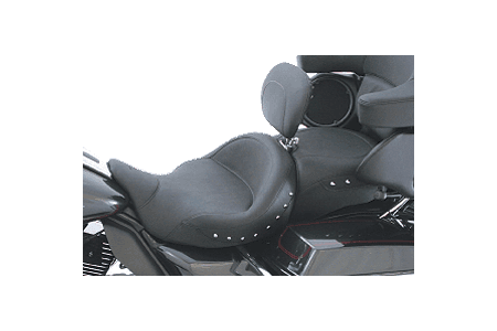 Mustang Seats One-Piece Super Touring Seat with Driver Backrest for Harley Davidson Touring Models 2008-Up -Chrome Studs (Not for '24-Up FLHX/FLTR Models)
