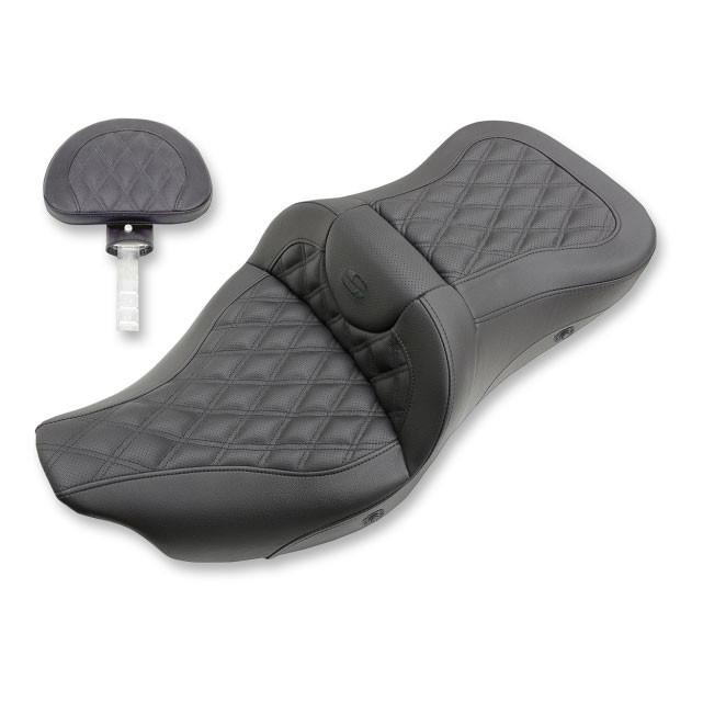 Saddlemen Extended Reach Heated Road Sofa LS Seat with Driver Backrest for Harley Davidson Touring Models '08-Up - Lattice Stitch (Not for '24-Up FLHX/FLTR Models)