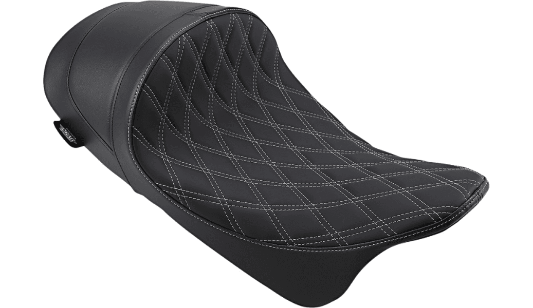 Drag Specialties EZ-ON Mount Lo Profile Solo Seat with Forward Positioning for '08-Up Harley Davidson Touring - Solar Reflective Leather Double Diamond Silver Thread (Not for '24-Up FLHX/FLTR Models)