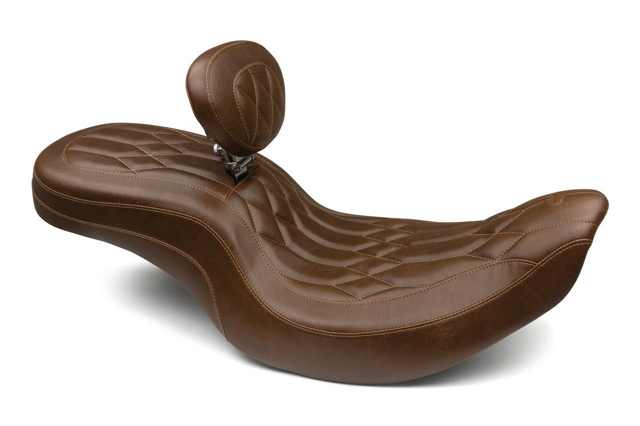 Mustang Wide Tripper One-Piece Seat with Drivers Backrest for Indian Touring Models '14-Up - Brown