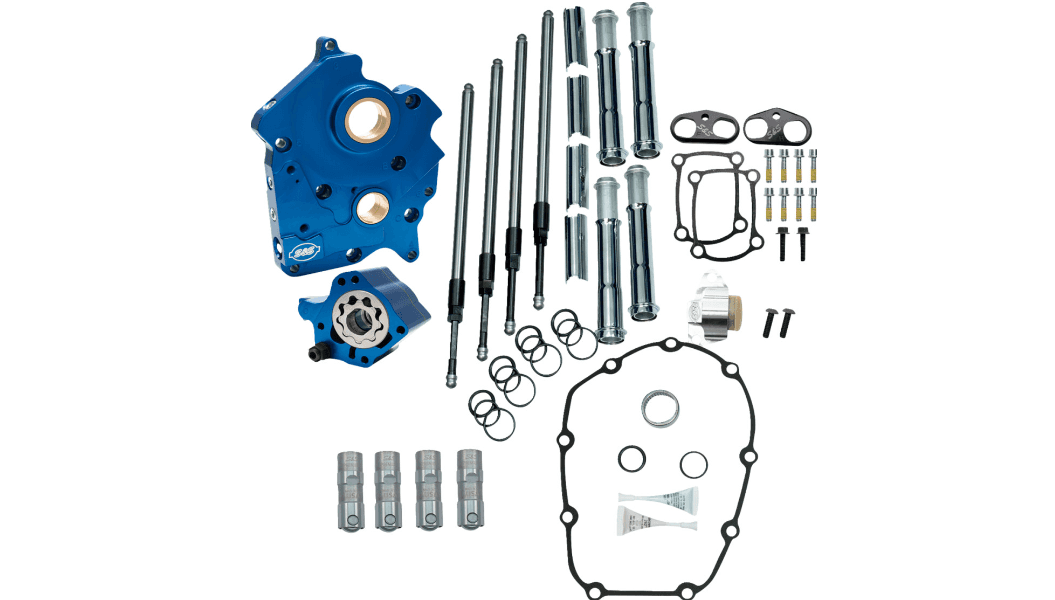 S&S Cycle Cam Chest Kit (without Cams) for 17-Up Harley Davidson Oil Cooled Chain Drive M8 Models - Chrome Pushrods