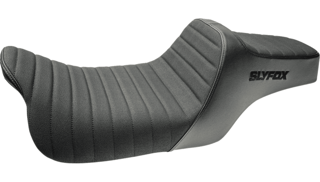 SlyFox Highnoon Vinyl Seat for '08-23 Harley Davidson Touring Models - Black w/ Classic Stitch and Black Logo