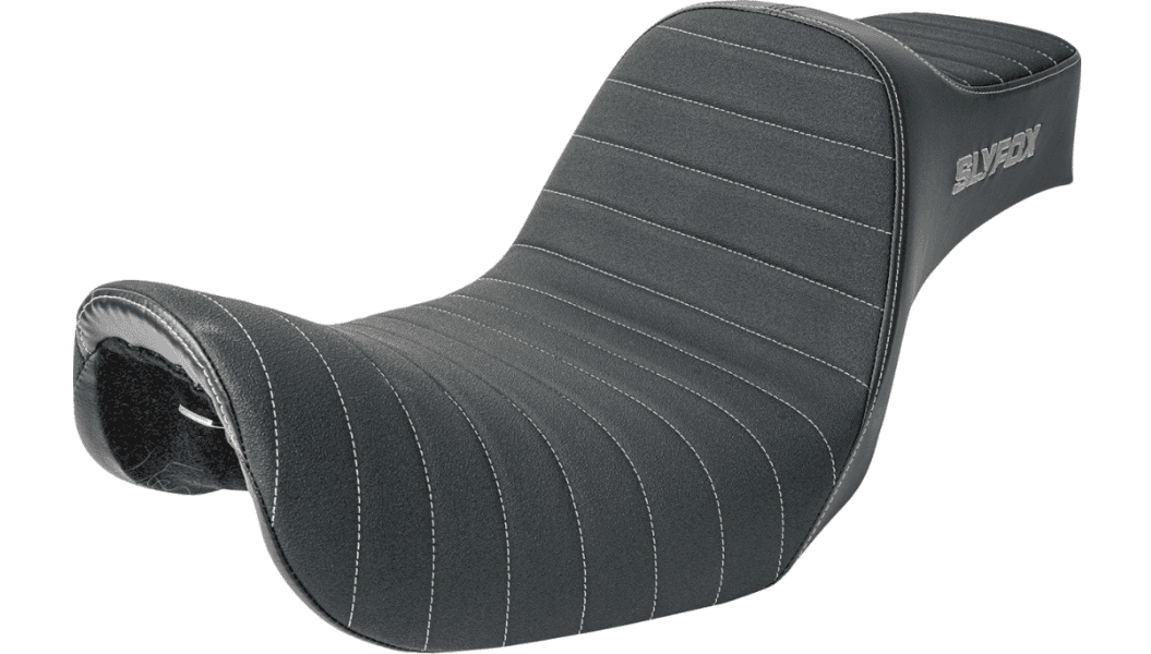 SlyFox Highnoon Vinyl Seat for '96-03 Harley Davidson FXR Models - Classic Stitch w/ Silver Logo