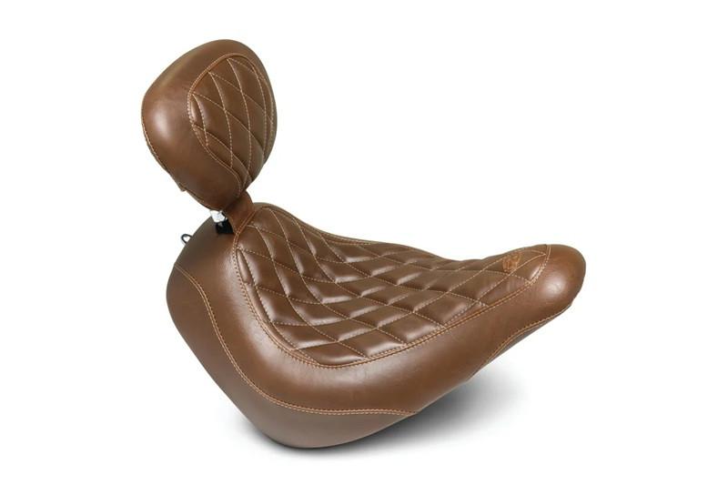 Mustang Wide Tripper Solo Seat with Driver Backrest for '18-Up Harley Davidson Low Rider/S & Sport Glide - Distressed Brown Diamond Stitch