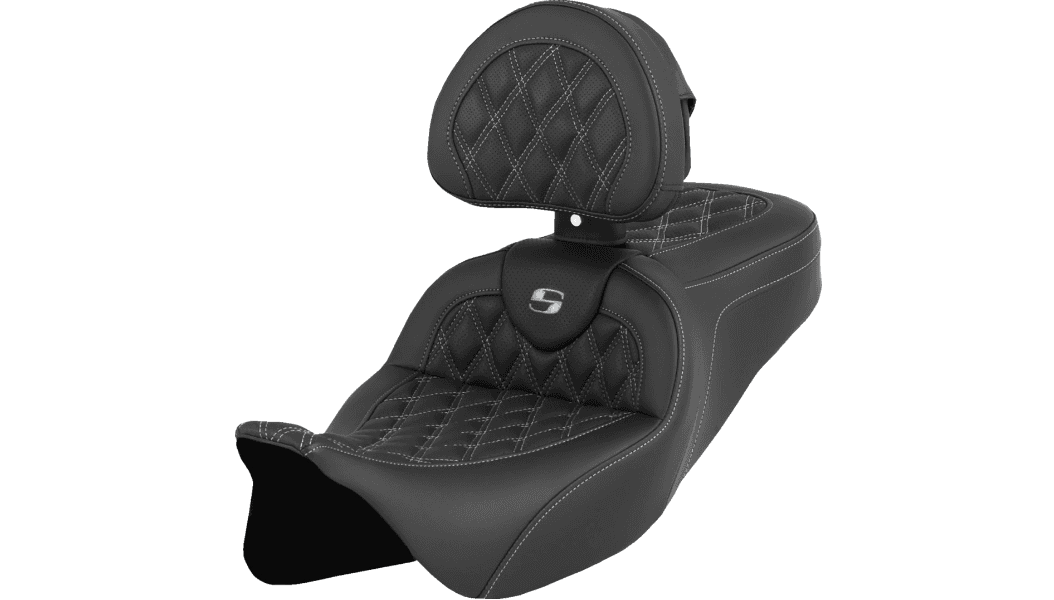 Saddlemen Roadsofa Seat with Backrest for '08-23 Harley Davidson Touring (Not for '23-24 CVO FLHXSE and CVO FLTRSE) Silver Lattice Stitch