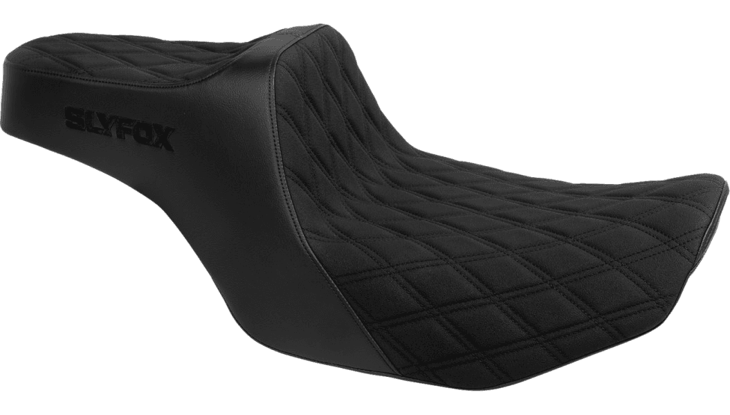 Slyfox High Noon Double Diamond Seat for '24-Up Harley Davidson Steet Glide, Road Glide and '23-24 CVO FLHXSE, CVO FLTRSE Models - Black Logo/Black Stitch
