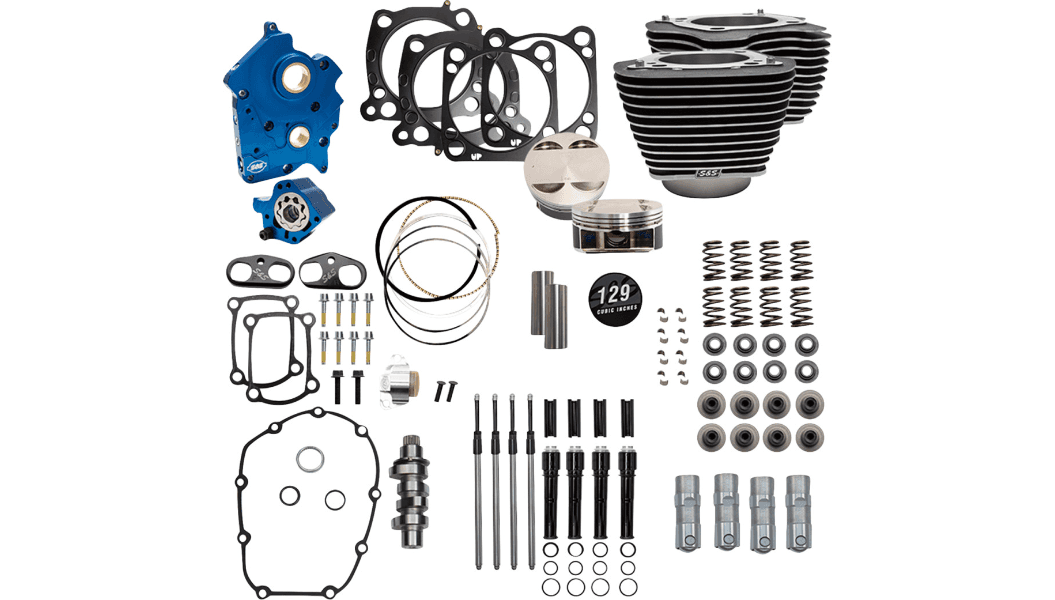 S&S Cycle 129" Power Package Engine Performance Kit 550 Chain Drive for '17-23 Harley Davidson Oil Cooled Touring and '18-23 Softail - Wrinkle Black w/Highlighted Fins