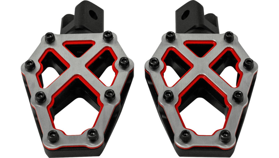 Kodlin NXL Redline Footpegs for '18-Up Harley Davidson Low Rider S/ST, Street Bob, Standard Softail, Pan America, Sportster S Models - Black with Red Accents