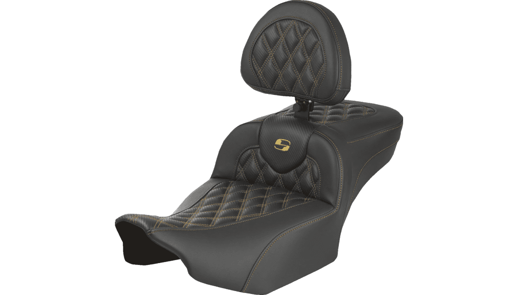 Saddlemen Carbon Fiber Roadsofa Seats with Driver Backrest for '24-Up Harley Davidson Road Glide, Street Glide and '23-25 CVO FLTRSE, CVO FLHXSE Models - Gold Lattice Stitch 
