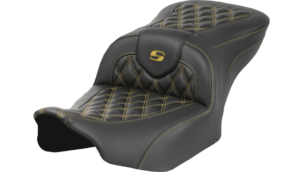 Saddlemen Carbon Fiber Roadsofa Seat (without driver backrest) for '24-Up Harley Davidson Road Glide, Street Glide and '23-25 CVO FLTRSE, CVO FLHXSE Models - Gold Lattice Stitch 