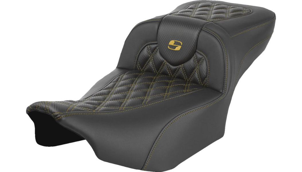 Saddlemen Extended Reach Carbon Fiber Roadsofa Seat (without driver backrest) for '24-Up Harley Davidson Road Glide, Street Glide and '23-25 CVO FLTRSE, CVO FLHXSE Models - Gold Lattice Stitch 