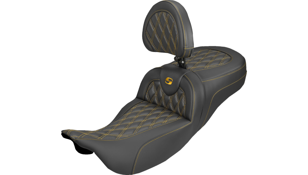 Saddlemen Extended Reach Roadsofa Seat with Driver Backrest for '08-25* Harley Davidson Touring Models - Carbon Fiber / Lattice Stitch -Select Stitching Color (Not for '24-Up FLHX/FLTR Models or '23-Up CVO)