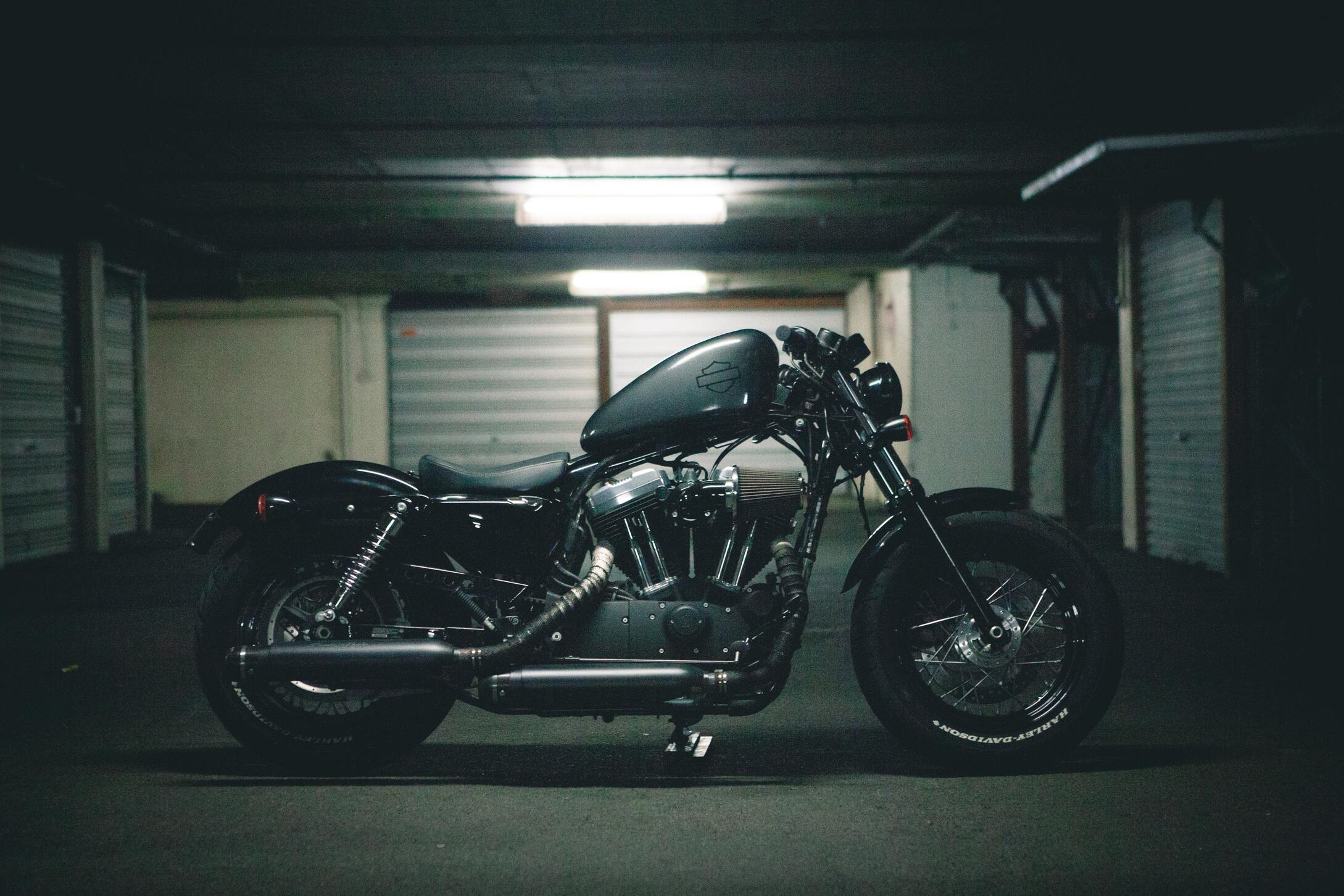 Harley Davidson motorcycle in a garage