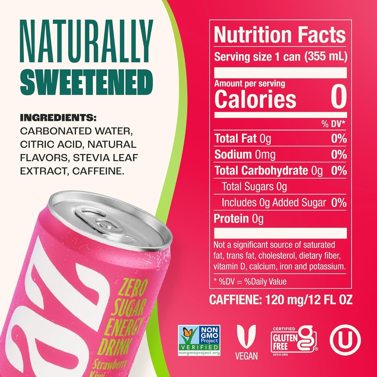Strawberry Kiwi Energy Drink - 12 fl oz | Zevia