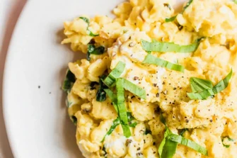 Soft Scrambled Eggs with Ramps & Goat Cheese