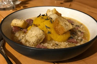 Delicata Squash Soup with Seared Brats