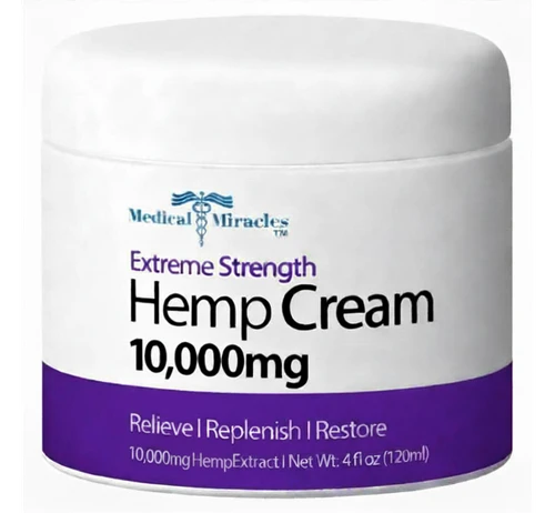 White and Purple labeled 10,000mg hemp cream jar by the brand Medical Miracles