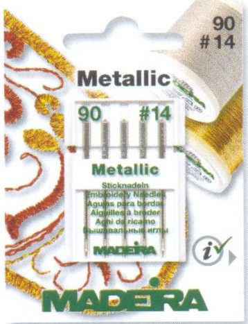 
Size 90/14 embroidery needle for metallic threads, preventing thread from breaking and guaranteeing best embroidery results.

The elongated, specially coated eye easily accommodates metallic thread flow at all stitch speeds. 

Each card contains 5 needles.