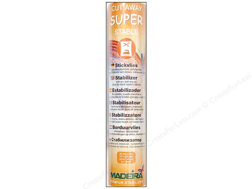 Iron-on non-woven cut-away stabilizer. Ideal for thick stretch fabrics. Super Stable has a coating on one side that develops an adhesive effect when subjected to heat. Ideal for fabrics that tolerate heat but cannot be washed.