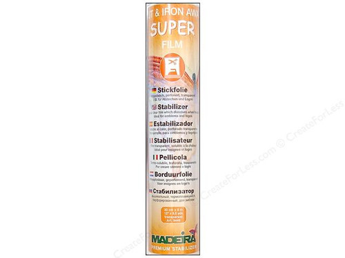 Special heat dissolvable clear and perforated stabilizing film. Dissolves when subjected to heat and allows embroidery work to be carried out on extremely fine fabrics, stretch fabrics and on normal cotton fabrics.  Super Film is also especially suitable for the embroidery of emblems or logos without fabric.