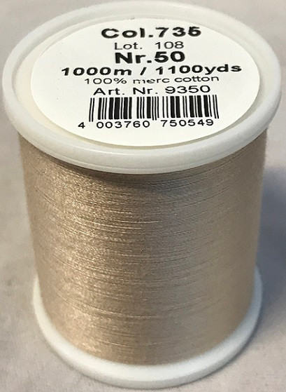 1000m Art.9350
100% mercerized cotton

Cotona No.50 is the perfect thread made of the best Egyptian cotton. Professionals choice for their home sewing and embroidery machine.

For best results we recommend the use of the MADEIRA universal embroidery needle #75/11 and the fine MADEIRA underthread Bobbinfil No. 80.