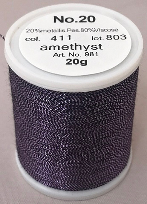 An elegant, smooth and soft metallic thread made from a black rayon core wrapped by a fine metallised polyester foil.

Available in 32 fascinating shades including subtle jade greens, ruby reds, coppers, sapphire blues, violets and lovely rainbow effects.

FS No. 20 is a wonderful compliment to fashion, sports, leather, home decoration and promotional wares.