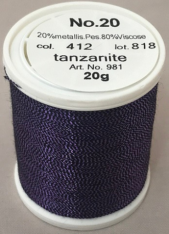 An elegant, smooth and soft metallic thread made from a black rayon core wrapped by a fine metallised polyester foil.

Available in 32 fascinating shades including subtle jade greens, ruby reds, coppers, sapphire blues, violets and lovely rainbow effects.

FS No. 20 is a wonderful compliment to fashion, sports, leather, home decoration and promotional wares.