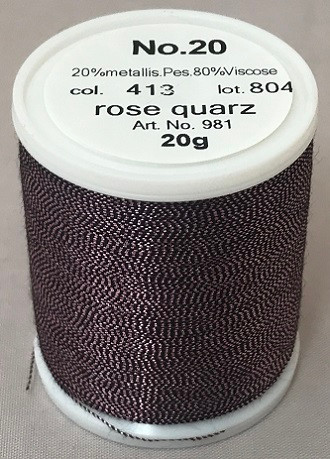 An elegant, smooth and soft metallic thread made from a black rayon core wrapped by a fine metallised polyester foil.

Available in 32 fascinating shades including subtle jade greens, ruby reds, coppers, sapphire blues, violets and lovely rainbow effects.

FS No. 20 is a wonderful compliment to fashion, sports, leather, home decoration and promotional wares.