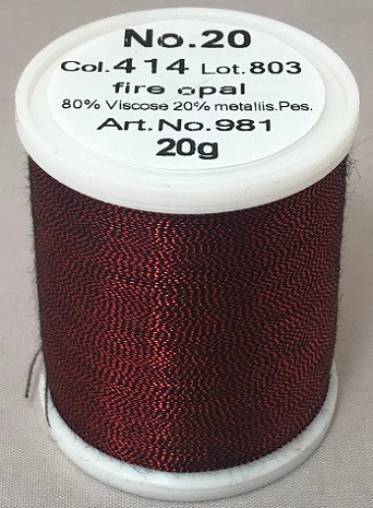 An elegant, smooth and soft metallic thread made from a black rayon core wrapped by a fine metallised polyester foil.

Available in 32 fascinating shades including subtle jade greens, ruby reds, coppers, sapphire blues, violets and lovely rainbow effects.

FS No. 20 is a wonderful compliment to fashion, sports, leather, home decoration and promotional wares.
