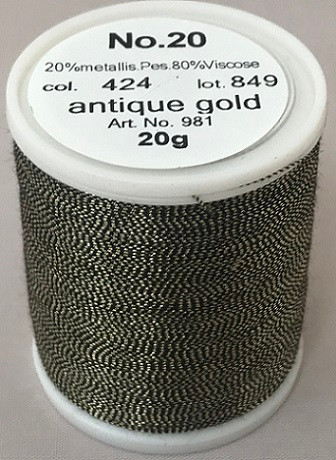 An elegant, smooth and soft metallic thread made from a black rayon core wrapped by a fine metallised polyester foil.

Available in 32 fascinating shades including subtle jade greens, ruby reds, coppers, sapphire blues, violets and lovely rainbow effects.

FS No. 20 is a wonderful compliment to fashion, sports, leather, home decoration and promotional wares.