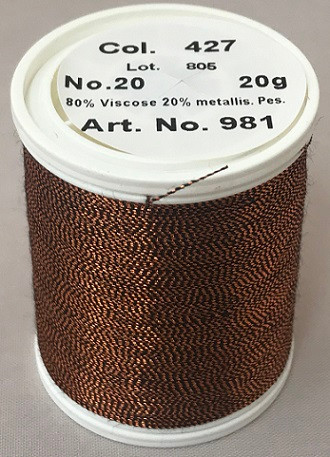 An elegant, smooth and soft metallic thread made from a black rayon core wrapped by a fine metallised polyester foil.

Available in 32 fascinating shades including subtle jade greens, ruby reds, coppers, sapphire blues, violets and lovely rainbow effects.

FS No. 20 is a wonderful compliment to fashion, sports, leather, home decoration and promotional wares.