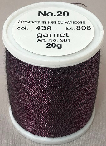 An elegant, smooth and soft metallic thread made from a black rayon core wrapped by a fine metallised polyester foil.

Available in 32 fascinating shades including subtle jade greens, ruby reds, coppers, sapphire blues, violets and lovely rainbow effects.

FS No. 20 is a wonderful compliment to fashion, sports, leather, home decoration and promotional wares.