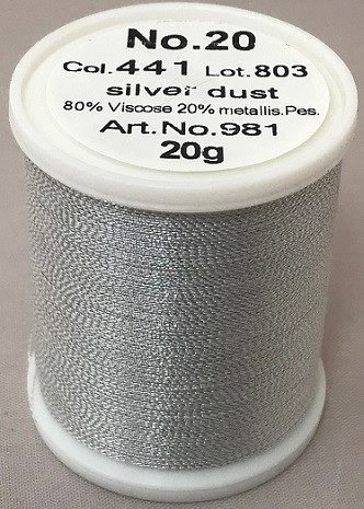 An elegant, smooth and soft metallic thread made from a black rayon core wrapped by a fine metallised polyester foil.

Available in 32 fascinating shades including subtle jade greens, ruby reds, coppers, sapphire blues, violets and lovely rainbow effects.

FS No. 20 is a wonderful compliment to fashion, sports, leather, home decoration and promotional wares.