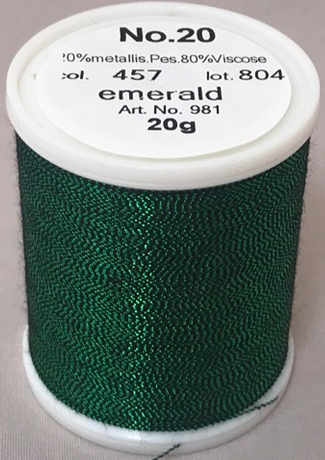 An elegant, smooth and soft metallic thread made from a black rayon core wrapped by a fine metallised polyester foil.

Available in 32 fascinating shades including subtle jade greens, ruby reds, coppers, sapphire blues, violets and lovely rainbow effects.

FS No. 20 is a wonderful compliment to fashion, sports, leather, home decoration and promotional wares.