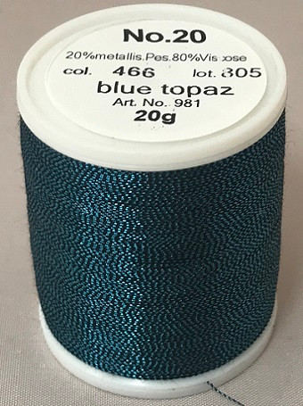 An elegant, smooth and soft metallic thread made from a black rayon core wrapped by a fine metallised polyester foil.

Available in 32 fascinating shades including subtle jade greens, ruby reds, coppers, sapphire blues, violets and lovely rainbow effects.

FS No. 20 is a wonderful compliment to fashion, sports, leather, home decoration and promotional wares.