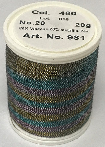 An elegant, smooth and soft metallic thread made from a black rayon core wrapped by a fine metallised polyester foil.

Available in 32 fascinating shades including subtle jade greens, ruby reds, coppers, sapphire blues, violets and lovely rainbow effects.

FS No. 20 is a wonderful compliment to fashion, sports, leather, home decoration and promotional wares.