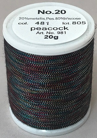 An elegant, smooth and soft metallic thread made from a black rayon core wrapped by a fine metallised polyester foil.

Available in 32 fascinating shades including subtle jade greens, ruby reds, coppers, sapphire blues, violets and lovely rainbow effects.

FS No. 20 is a wonderful compliment to fashion, sports, leather, home decoration and promotional wares.