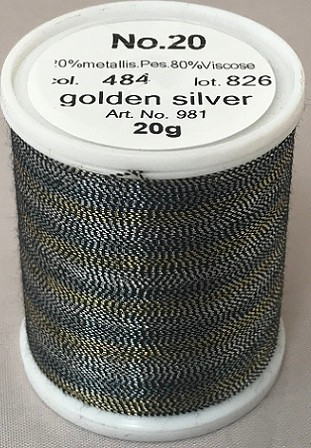 An elegant, smooth and soft metallic thread made from a black rayon core wrapped by a fine metallised polyester foil.

Available in 32 fascinating shades including subtle jade greens, ruby reds, coppers, sapphire blues, violets and lovely rainbow effects.

FS No. 20 is a wonderful compliment to fashion, sports, leather, home decoration and promotional wares.