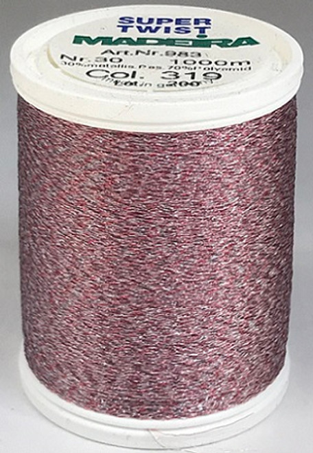 Unexpected textured dimension and dazzling embroidery is guaranteed with this sparkling metallised thread, exclusive to MADEIRA. Smoothly running festive and magnificent colours ensure glittering reflexes.

 The Denim-Wash resistant shades of Supertwist No.30 Crystal tend to give more of a 'faded' pastel finish. This helps  to give your work a  very subtle metallic look.