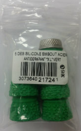 These silicon thimbles help protect your fingers whilst sewing. They have steel tops with 5 silicon thimbles per bag. They are a Green colour and size  "XL".