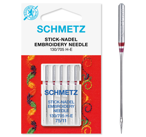130/705 H - E. 

A light ball point needle with a wide eye and groove in relation to the Universal Needle. This allows for the needle to accommodate voluminous and woollen threads. 

Ideal for embroidery. 

Available in 75/11, 90/14 and an Assorted pack - 3x 75/11 and 2x 90/14

Packet of five needles sold as 1 item.