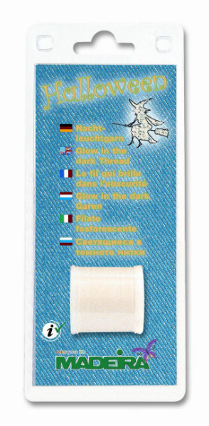 Halloween glow in the dark thread adds an element of fun and safety to costumes or trick-or-treat bags. Charge Halloween thread with natural or artificial light for a few seconds.

New technology makes this thread glow in the dark, time after time, and much longer than other glow-in-the-dark threads. Popular for club wear, joggers, baby and childrens items and any other design to show off at night.