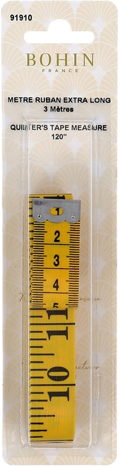Bohin extra long tape measure is the best length for quilting. It does not stretch, shrink or tear and is water resistant.
Quilters tape measure - 3m in length
