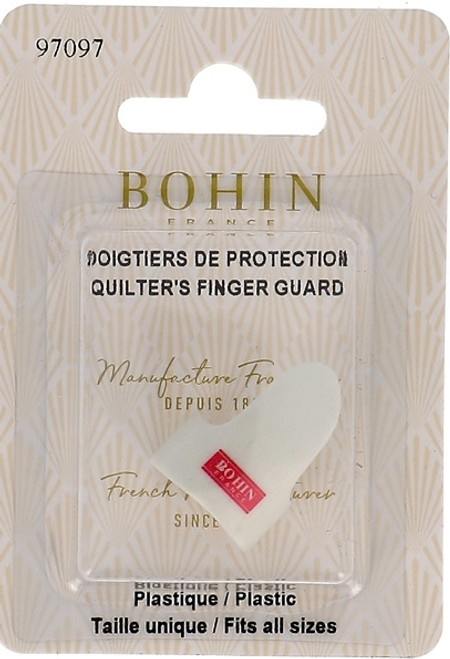 Bohin finger guard provides protection for the quilters finger under the area being stitched. 

Instructions for adjusting the guard for a comfortable fit are found on the packaging.

1 guard per pack.