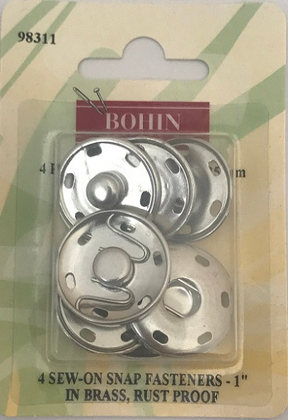 Tired of using buttons all the time? Bohin sew-on snaps make a great change of pace look for your garment. Ideal for holding two overlapping fabric edges together (such as a neckline gap on a shirt), these brass, rust proof fasteners are a great option. 
There are 4x 1 inch brass sew-on snaps per pack.
