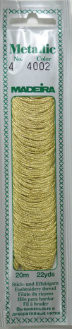 20 m
60 % Viscose– 40% metallised Polyester

Metallic No. 4 adds metallic shine and a festive look to your embroidery. It is very soft and supple and may be divided into four strands for easy embroidery onto different textures