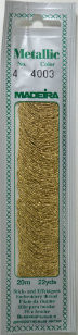20 m
60 % Viscose– 40% metallised Polyester

Metallic No. 4 adds metallic shine and a festive look to your embroidery. It is very soft and supple and may be divided into four strands for easy embroidery onto different textures