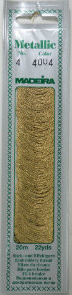 20 m
60 % Viscose– 40% metallised Polyester

Metallic No. 4 adds metallic shine and a festive look to your embroidery. It is very soft and supple and may be divided into four strands for easy embroidery onto different textures