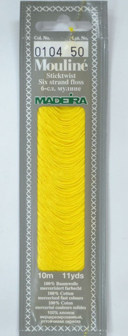 10 m Art. 017 100 % mercerised stranded cotton MADEIRAs stylish 6 strand cotton floss is made from finest high quality long staple Egyptian cotton. Only this special Egyptian cotton guarantees the beautiful softness and lustre found in Madeira Mouliné. It is dyed by using processes that do not involve any carcinogens or banned AZO dyestuffs. The result is a superb quality thread which is fast in colour and fully washable to 95°C (210 F).
